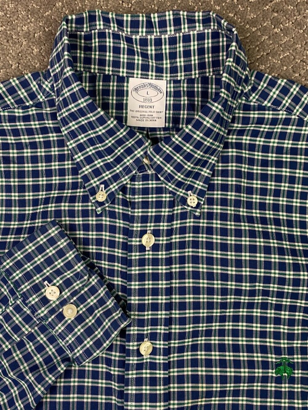 Brooks Brothers Regend Fit Button Down Shirt Mens Large Blue Green Plaid Oxford
